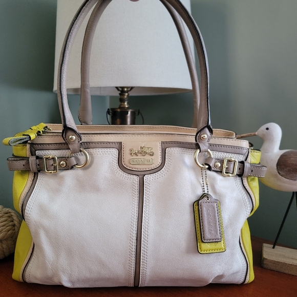 Coach Handbags - Coach 22701 Madison Kara Carryall Green Tan Cream Leather Brass Y2K Satchel Bag